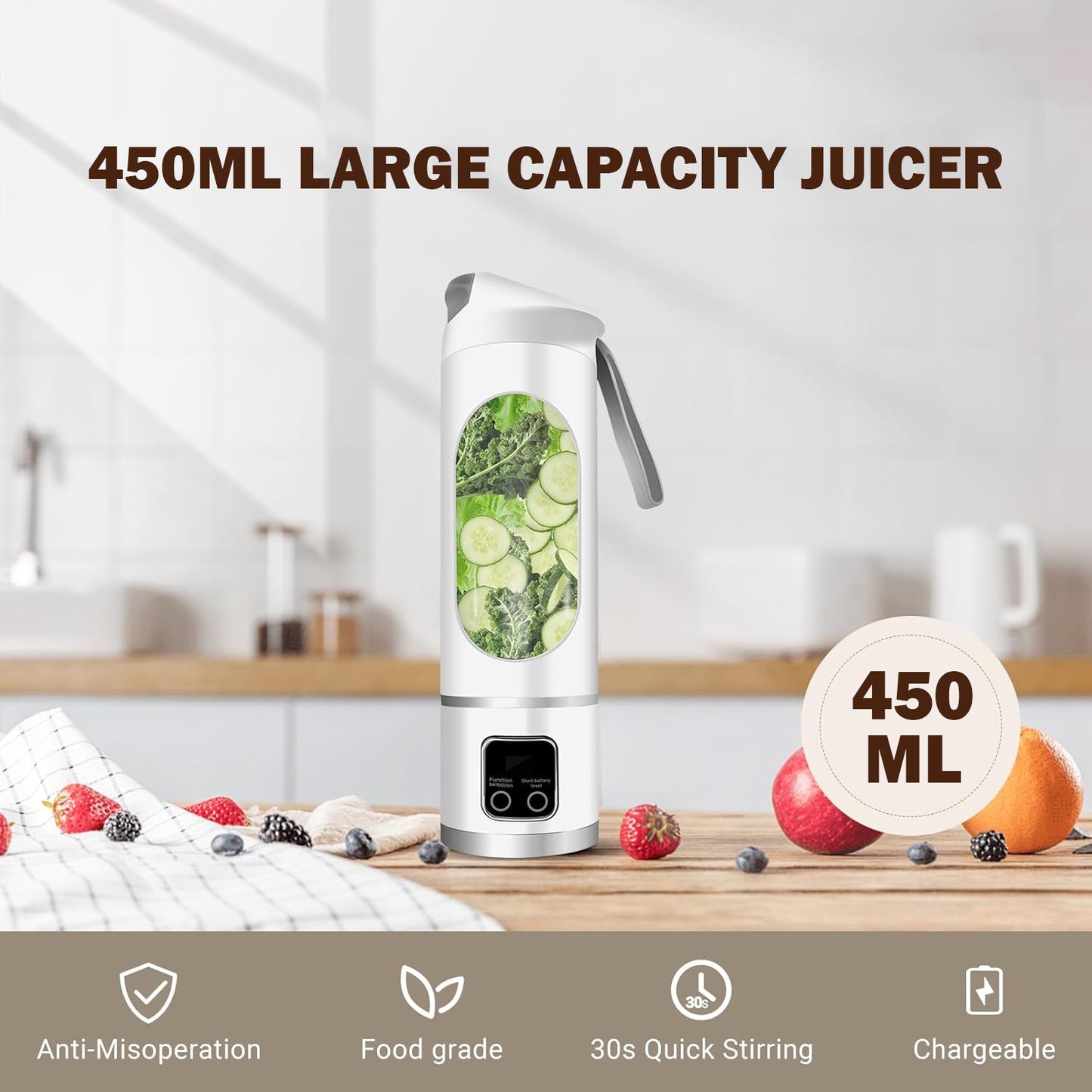 Compact 450 ml Portable Juicer – USB Rechargeable, Powerful Blending for Smoothies, Juices & Shakes